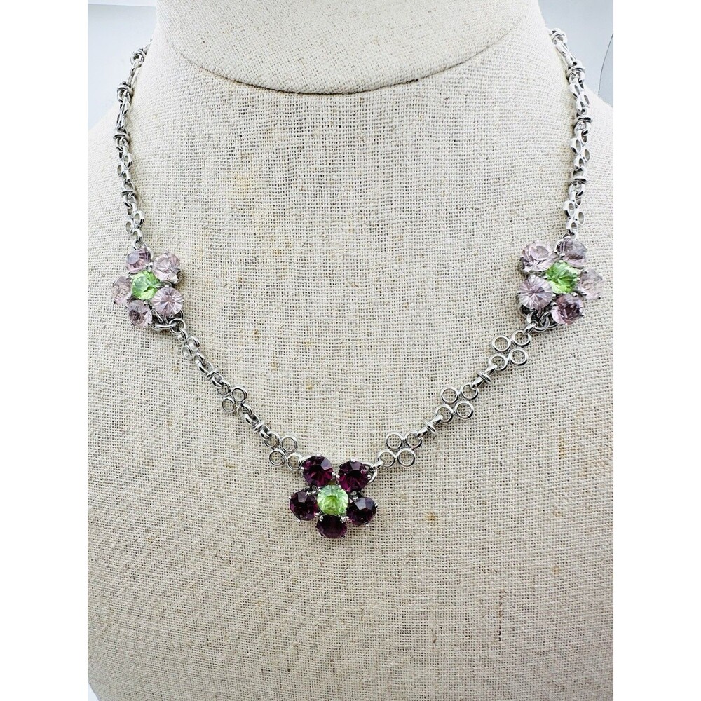 Nolan Miller Flower Necklace Rhinestone Silver Tone 18”